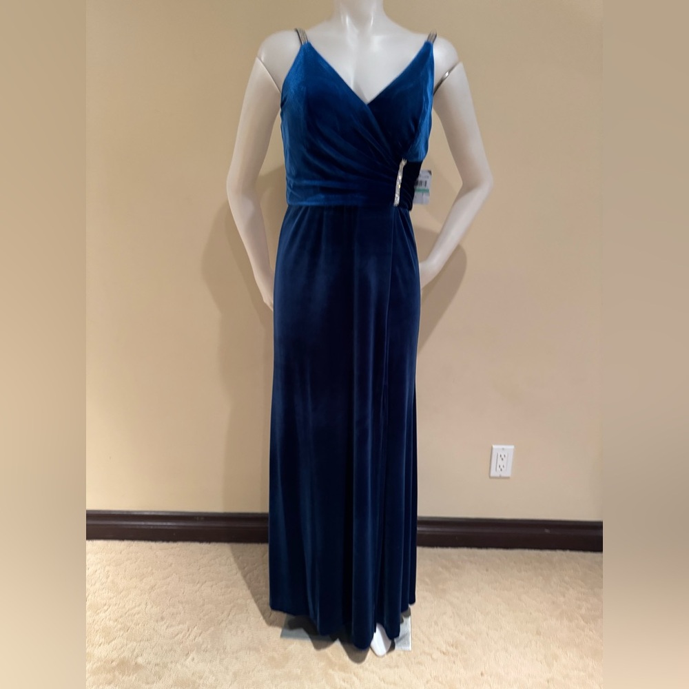 NWT Night Way Collections Blue Velvet Maxi Dress silver rhinestone crystal 8
